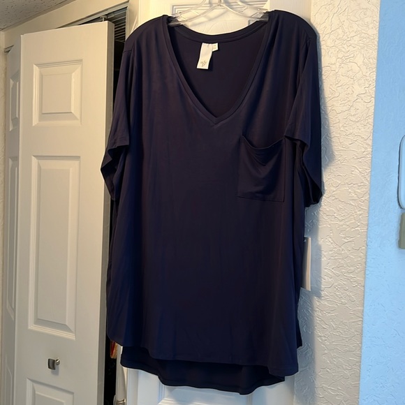 ADY P Tops - ADY P 3X NAVY V NECK SHORT SLEEVE HI LO  TEE with LEFT BREAST POCKET